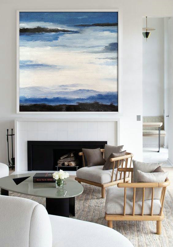 Handmade Large Contemporary Art,Oversized Abstract Landscape Painting,Modern Wall Art,Black,Blue,White.etc